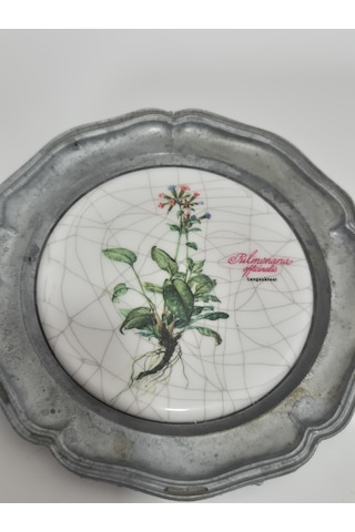 Vintage Zınn Çerçeveli Dekoratif Pulmonaria Officinalis Bitkisi Temalı Duvar Tabağı 10cm 007