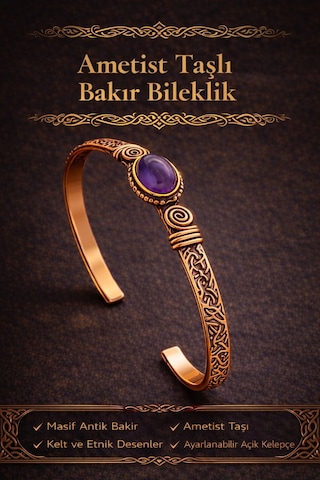 Kadın Bakır Bileklik Ametist Taşlı Kelepçe Bilezik Diğer