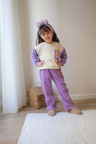 Kız Çocuk Kol Triko Modelli Punch İşlemeli Gabardin Pantolonlu 2li Takım Lila