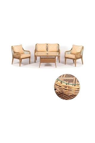 Dora Garden Home Zen Rattan Bahçe Balkon Takımı 2+1+1 Camlı Masalı Kahverengi Siyah Çizgili