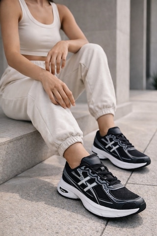 Muggo Hynex Kadın Kalın Taban Bağcıklı Günlük Sneaker Spor Ayakkabı Siyah