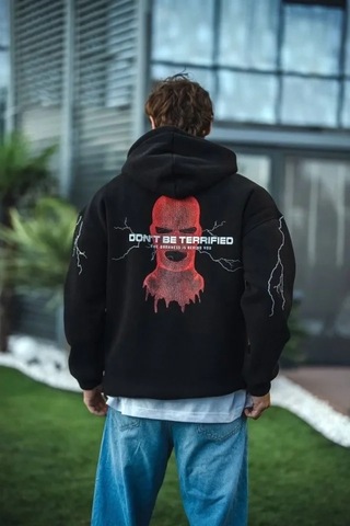 Vexor Üç İplik Kapüşonlu Baskılı Oversize Sweatshirt- Siyah