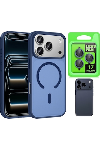 Vendas Apple iPhone Uyumlu 17 Pro Kılıf M-safe Şarj Özellikli Zore Babet Kapak + Kamera Lens Koruyucu Lacivert