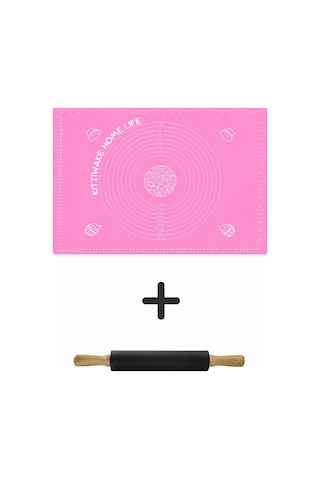 Pembe Silikon Hamur Açma Matı 45x65 Cm + Siyah Silikon Merdane 42 Cm Kaymaz Yapışmaz Hamur Seti