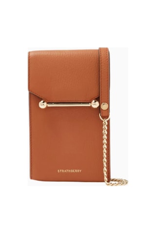 Strathberry Mosaic Tan Kahverengi Deri Phone Pouch Çanta, Şık Ve Fonksiyonel Tasarım Omuz Çantası