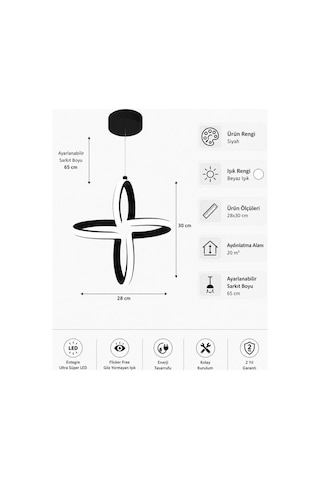 AvizeGO Enzo Led Sarkıt Avize Beyaz Işık Siyah