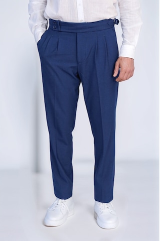 Saks Mavisi Çift Pileli Tokalı Yüksek Bel Slim Fit Pantolon Wessi Koyu Mavi