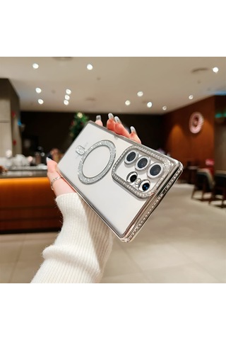 Samsung Galaxy S26 Ultra Uyumlu Şeffaf Taşlı Magsafe Özellikli Kılıf Gümüş