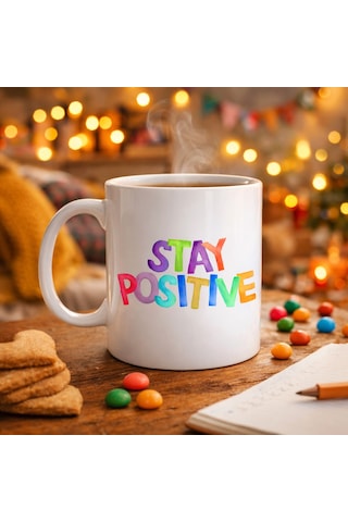 Stay Positive Baskılı Porselen Kupa Model 158 Renkli Motivasyon Yazılı Kahve Kupası Pozitif Mesajlı Hediye Düz Renkli