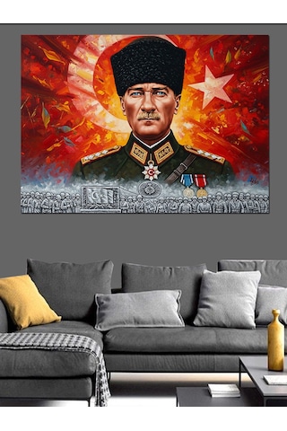 Türk Bayrağı, Kalpak Başlıklı Atatürk Ve Kahraman Türk Askeri Dekoratif Kanvas - Mdf Ahşap Tablo