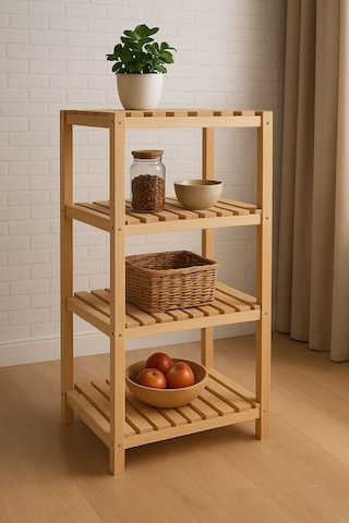 Doğal Ahşap 4 Katlı Dekoratif Raf Beyaz - Çam