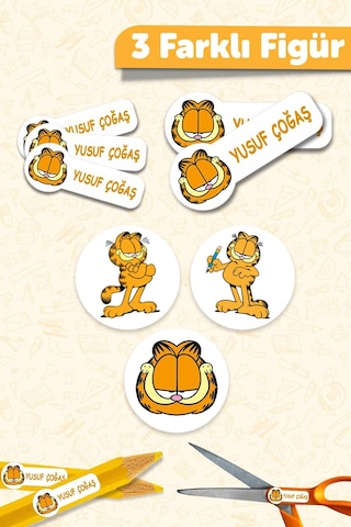 Okul Etiketi Kalem Defter İsimli Etiket Isim Yazılabilen Garfield - 190 Adet Özel Yeni Tasarım
