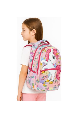 Pembe Unicorn Desenli Kız İlkokul Sırt Çantası + Beslenme Çantası 2307 Çok Renkli