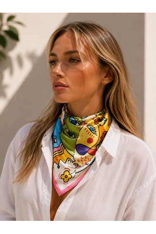 Kumru Studio Renkli Yüz Motifli Bandana Ve Fular Çok Renkli