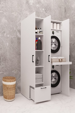 Mdf Çamaşır Makinesi Ve Kurutma Makinesi Dolabı Ütü Masalı Kapaklı Beyaz