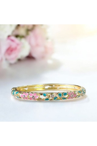 Yeşil Yapraklı Pembe Çiçek Mineli Çelik Bilezik Gold