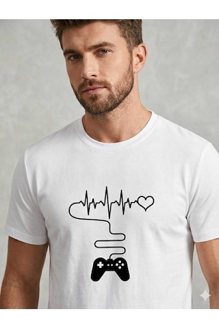 Erkek Beyaz Gamer Oyun Konsolu Kalp Ritmi Baskılı %100 Pamuk T-shirt Beyaz