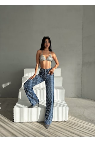 Kadın Koyu Mavi Renk Loose Fit Önü Starlight Parlak Taşlı Tasarım Denim Mavi