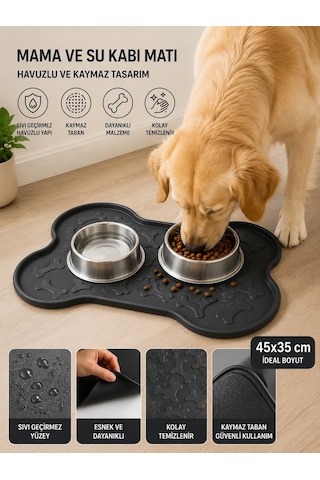 Kedi Köpek Mama Ve Su Kabı Altlığı Kemik Figürlü 45x35 Cm Kaymaz Mama Matı Yıkanabilir Döküntü Önleyici