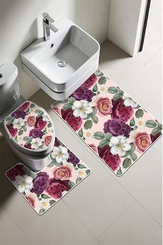 Modern Desenli Dijital Baskı 3 Lü Banyo Paspas Takımı Yıkanabilir Kaymaz Tabanlı Klozet Takımı Klz0053 Renkli