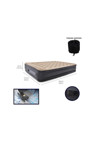 Terravıta Queen Size Yüksek Şişme Yatak Kendinden Elektrikli 203 x 157 x 47 CM 24042 Lacivert