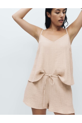 Marks & Spencer Müslin Kumaş Askılı Şortlu Pijama Takımı T37002314j Bej