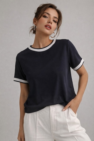 Kadın Lacivert Bisiklet Triko Yaka Kısa Kollu Basic T-shirt Lacivert