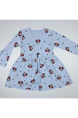 Momikon Minnie Mouse Baskılı Uzun Kollu Pamuklu Açık Mavi Elbise Açık Mavi