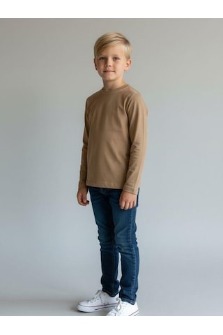 Zekids Erkek Çocuk Pamuklu Bisiklet Yaka Uzun Kollu Basic T-shirt-16775 Bej