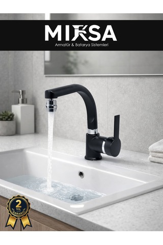 Siyah-krom Armut Balıksırtı Borulu Oynar Başlıklı Perlatörlü Banyo Lavabo Bataryası, Çiftsugirişli