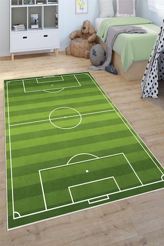 Futbol Sahası Desenli Yıkanabilir Kaymaz Taban Çocuk Oyun Halısı Yeşil