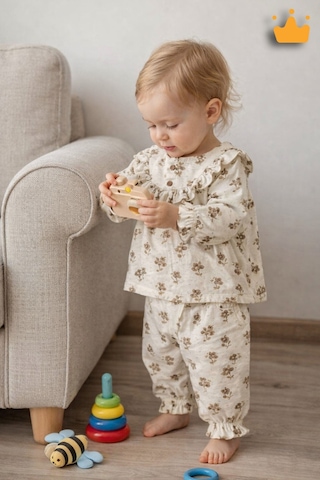 Babyhola Kız Bebek Bayramlık Takım Fırfır Yakalı Çiçek Desenli Müslin İkili Set 2010 Bej