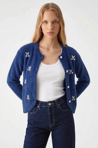 Soft&Basic Taş İşlemeli Yumuşak Tüylü Triko Düğmeli Hırka Lacivert