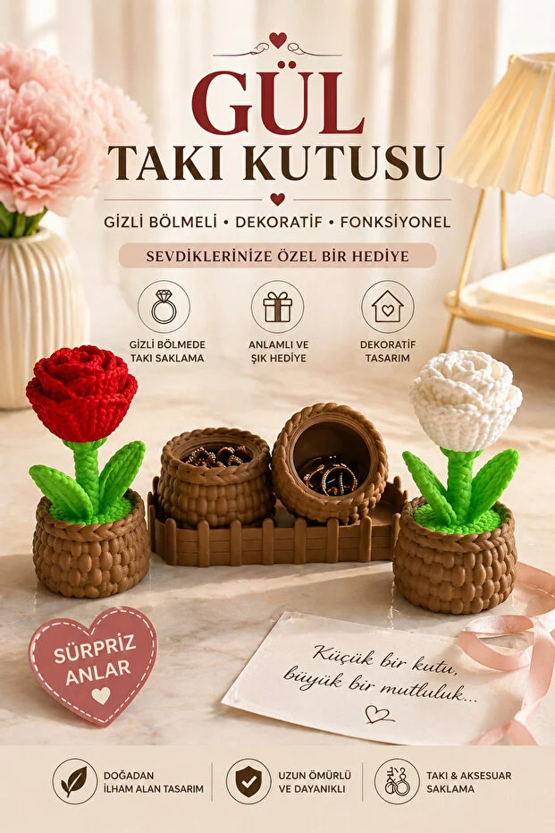 Örgü Dokulu Gizli Bölmeli Gül Takı Kutusu Dekoratif Çiçek Tasarımlı Takı Saklama Ve Hediyelik Çok Renkli