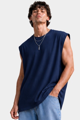 Thiff Erkek Oversize Kolsuz T-shirt Tişört Atlet Lacivert