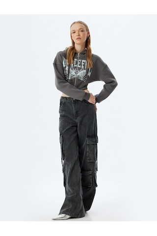 Koton Crop Sweatshirt Fermuarlı Kapüşonlu Korse Detaylı Baskılı Slim Fit Şardonlu Antrasit 5wal10124ık Antrasit