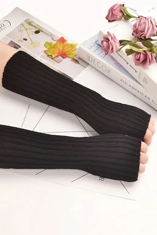 Moibody %100 Akrilik Premium Triko Örgü Hand Warmer El Isıtıcı Kolluk Eldiven Siyah Siyah