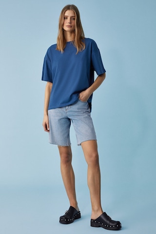 Grımelange Jemmy Kadın %100 Organik Pamuk Relaxed Fit Yırtmaçlı Yuvarlak Yakalı Lacivert T-shirt Lacivert