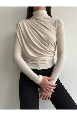 Kadın Büzgü Detaylı Dik Yaka Sandy Bluz Bej