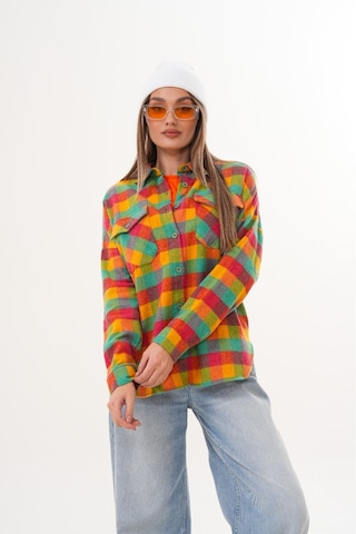 Kadın Desen Bloklu Oduncu Oversize Bol Ve Geniş Kalıp Casual Cepli Yakalı Ceket Gömlek Sarı