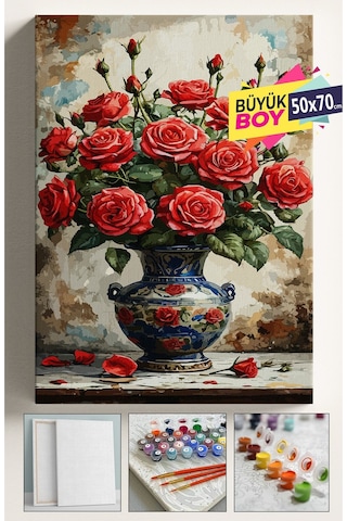 Sayılarla Boyama Seti Numaralı Tuval Fırça Boya Dahil Kasnaklı Set 50x70 Cm - Kırmızı Vazo Gül
