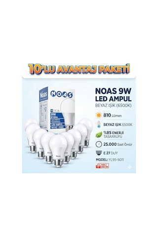 Noas 9w Led Ampul 10lu Paket Beyaz Işık E27 Duy 810lm Yl95-9011