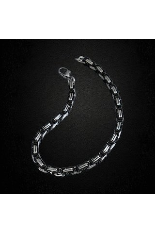 Çelik Bileklik Kral Zincir Model 0.5 Mm 22 Cm Bizans Bağlantı Tasarım Gümüş Silver Siyah Black Gümüş - Siyah