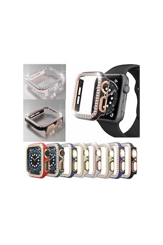 Apple Uyumlu  Watch 7 Serisi 45 MM Çift Sıra Parlak Taşlı Rubber Kasa Kapa