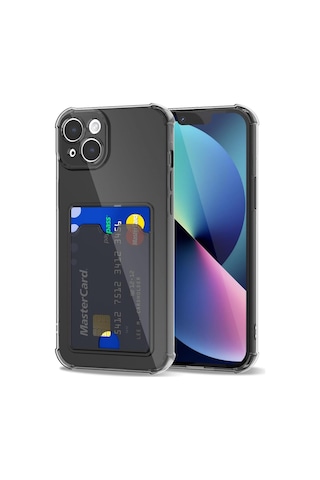 Teknomoda Apple Uyumlu iPhone 13 Kılıf Kartlıklı Anti Şok Korumalı Şeffaf Silikon Füme Koyu Şeffaf Acık Siyah Füme