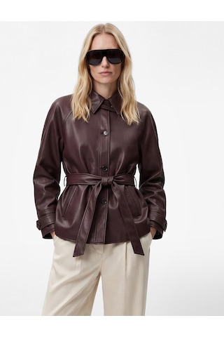 Koton Uzun Kollu Cepli Kemerli Oversize Suni Deri Ceket Bordo 6sak20108ew