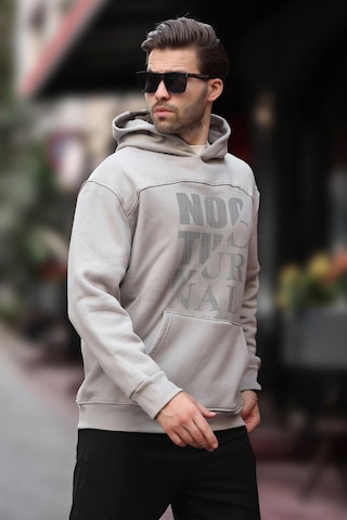 Madmext Boyalı Gri Baskılı Kapüşonlu Cep Detaylı Erkek Sweatshirt 7062 Gri