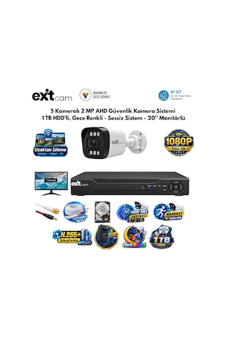 5 Kameralı 2 Mp Ahd Güvenlik Kamera Sistemi 1tb Hdd'li, Gece Renkli - Sessiz Sistem - 20 İnç Monitör