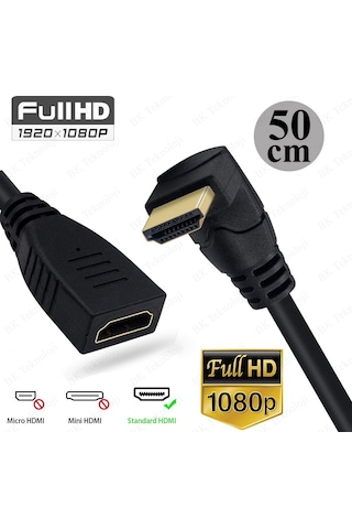 90 Derece L Tipi Açılı HDMI Erkek-Dişi Uzatma Kablosu 50cm