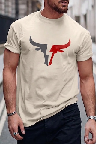Erkek Boğa Silüet Baskılı Oversize Tshirt Bej